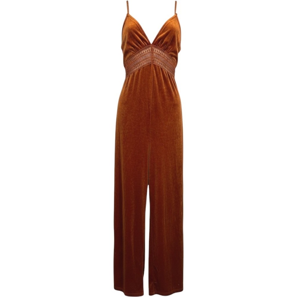 Cider Women Burnt Orange Velvet Crochet Lace Wide Leg Jumpsuit Size M Retro 70s